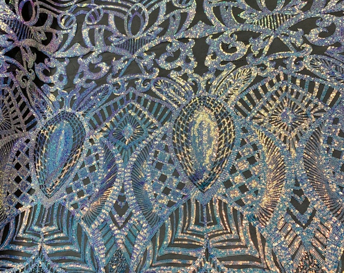 London Design Geometric Embroidered 4 Way Stretch Sequins ON Black Spandex Mesh Lace Fabric By The Yard/ Color (Sky Blue, Lilac)