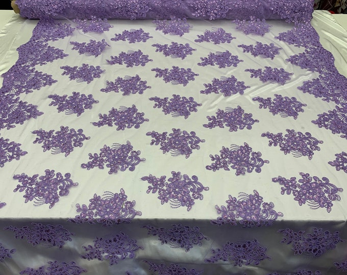 Embroidered Mesh lace Floral Design (Lavender) Fabric With Sequins By The Yard. For Tablecloths/Runners/Skirts/Costume/Dresses/ Decoration