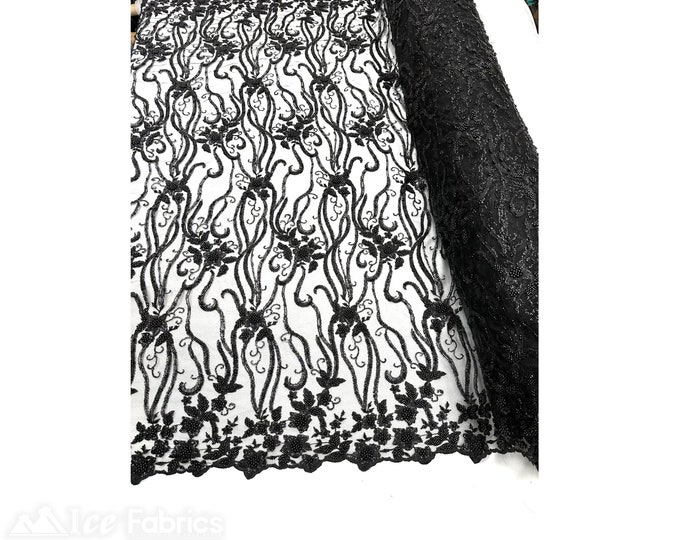 Black Floral Beaded Fabric By The Yard | Lace Fabric Embroidery Sequin Fabric with Beads on Mesh Fabric