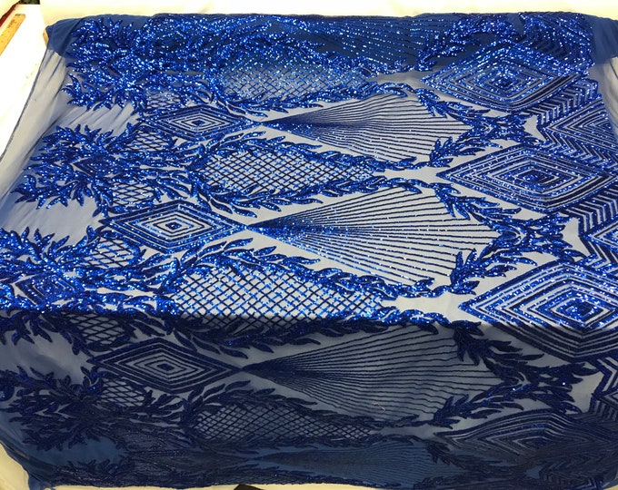 Royal Blue Luxury Sequins High Quality 4 Way Stretch Sequins Embroidery Fabric on A Mesh Lace By The Yard. Wedding Prom Dress, Tablecloths.