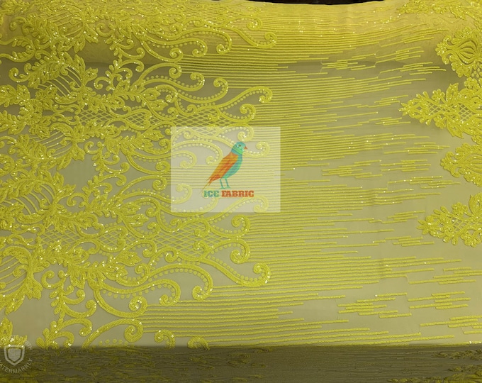 YELLOW_ Spandex 4 Way Stretch Sequins Prom Mesh Lace Fabric By The Yard// Geometric Sequins ON A STRETCH MESH// Tablecloths, Night Gowns