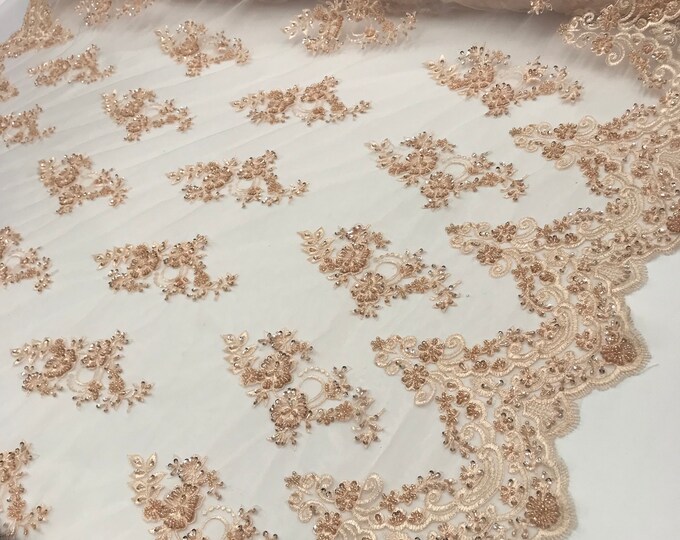 BLUSH -mesh lace beaded lace bridal fabric sold by the yard. Wedding dresses, prom dress.