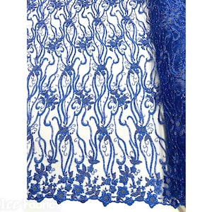 Royal Blue Floral Beaded Fabric By The Yard | Lace Fabric Embroidery Sequin Fabric with Beads on Mesh Fabric