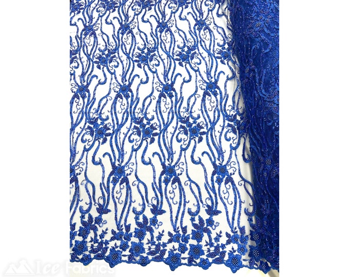 Royal Blue Floral Beaded Fabric By The Yard | Lace Fabric Embroidery Sequin Fabric with Beads on Mesh Fabric