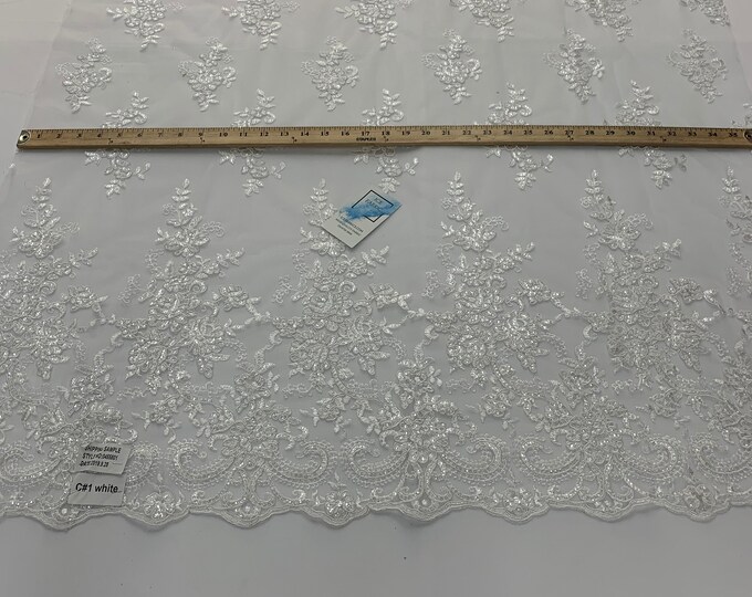 Bridal Fabric//White// Mesh Lace Floral/Flowers Fabric Sold By The Yard// Embroidered French Sequins Lace// Prom Fabric, Dresses, Gowns