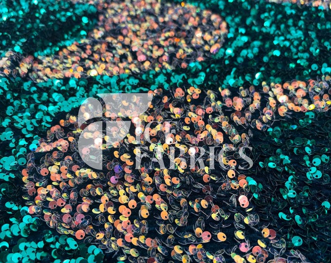 Wavy Sequin Stretch Velvet Fabric by The Yard - 60" Wide Hunter Green Iridescent Orange on Green Velvet for Apparel, Costume, Decor