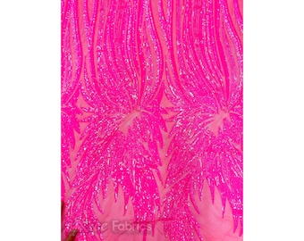 Wunderschöne Stretch Pailletten Stoff Neon Pink Meterware | Bestickter Spitzenstoff auf Netz-Spandex-Stoff | für Brautkleid