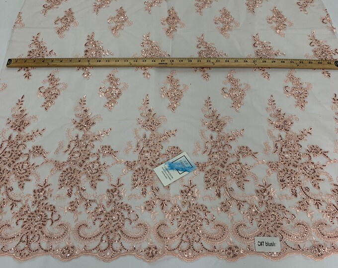 Bridal Fabric//Blush// Mesh Lace Floral/Flowers Fabric Sold By The Yard// Embroidered French Sequins Lace// Prom Fabric, Dresses, Gowns