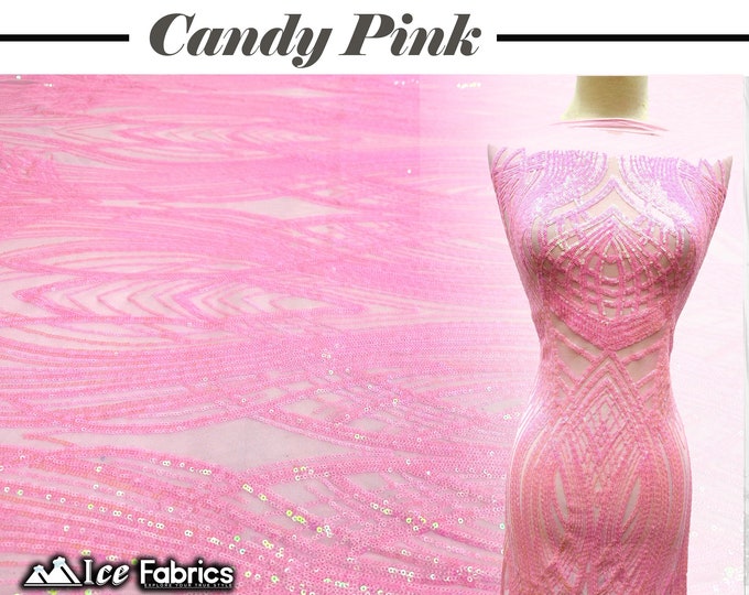 Peacock Iridescent Candy Pink 4 Way Stretch Sequins Fabric By The Yard Pink Mesh nylon Spandex Fabric | With Embroidery Sequin Lace Fabric