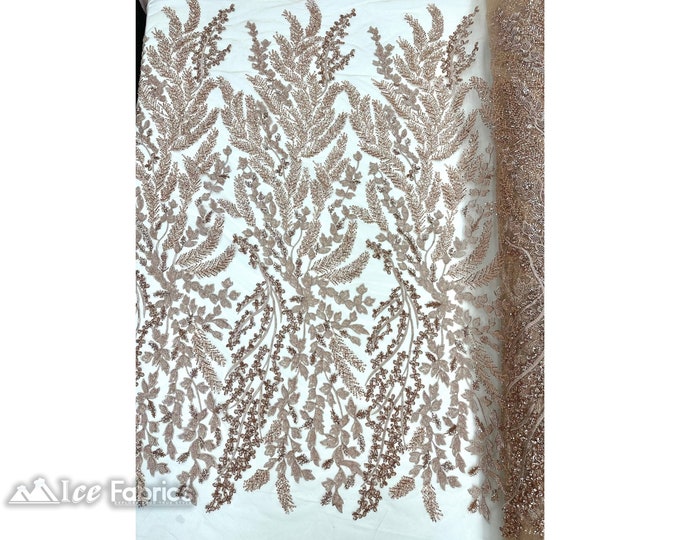 Rose Gold Floral Embroidery Beaded Sequin Fabric By The Yard | Handmade Beaded Fabric | French Lace Fabric on Mesh