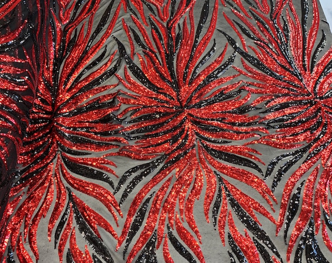 Red_ Bridal// Spandex Black Mesh Lace Sequins Stretch Fabric By The Yard// 4 Way Stretch Sequins Power Mesh Embroidered Fabric//Floral//