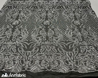 Mia geometriskt paljetttyg, måttbeställt | 4-vägs stretchtyg | Geometriskt paljettbroderityg | Silver på svart nät