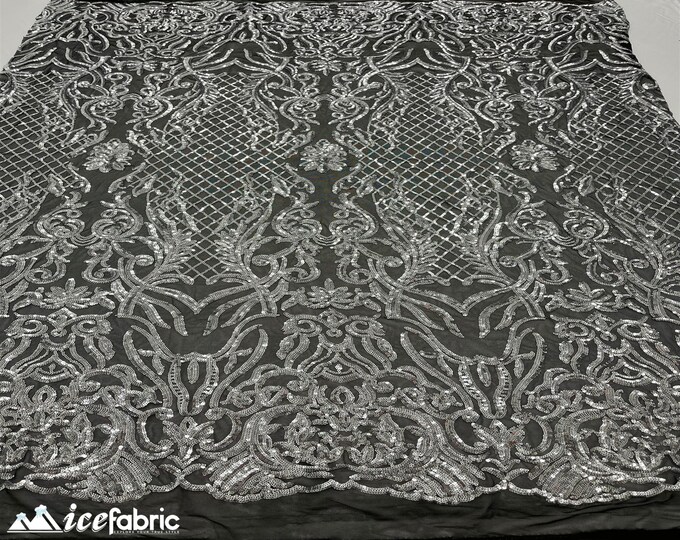 Mia Geometric Sequin Fabric By The Yard | 4 Way Stretch Fabric | Sequin Geometric Embroidery Fabric | Silver on Black Mesh