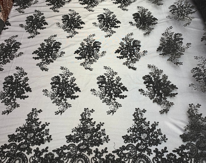 French Design Flower/Floral Mesh Lace (By The Yard)(Half Yard) Embroidery Lace Fabric (Black) For Tablecloths/ Runners/ Skirts/ Costumes