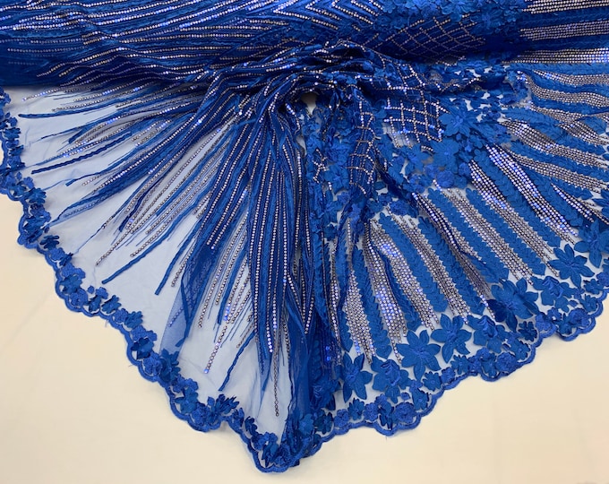 Royal Blue_Corded 3D Flowers/Floral Mesh Lace Fabric With Geometric Gold Sequins By The Yard// Embroidery Lace Mesh Dresses, Gowns, Skirts