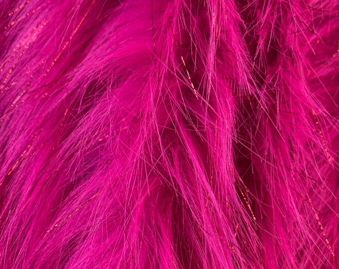 Animal Fake Faux Fur Fabric By The Yard ( 2 Tone Shiny Tinsel Fuchsia) Long Pile Fur Tinsel_ "60 WIDE _ For Blanket, Jackets, Coats, Craft