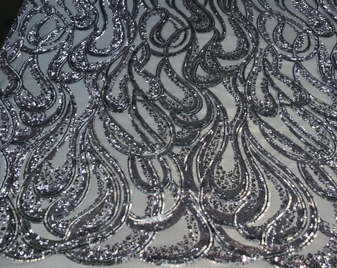 Gray, Purple/ 4 way Stretch Sequins Fabric sold by The Yard. Spandex mesh geometric lace