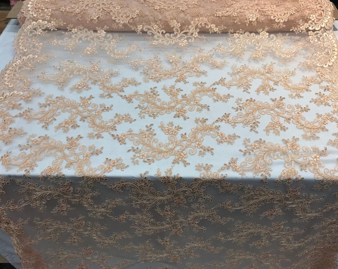 Peach Design Mesh Lace Fabric By The Yard/ Embroidery Mesh Lace Floral Design/For Tablecloths/ Skirts/ Runners/ Skirts/ Decorations/