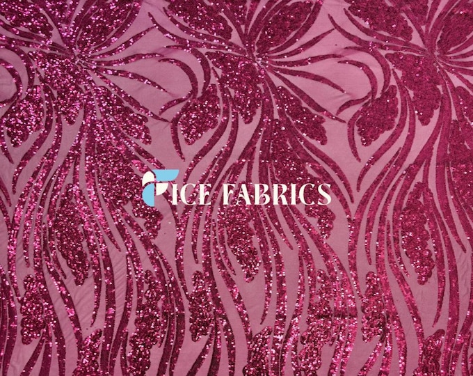 Elegant Feather Fuchsia Sequin Fabric By The Yard Stretch Mesh Spandex Fabric Sequin Mesh Fabric Wedding Dress, Prom Dress