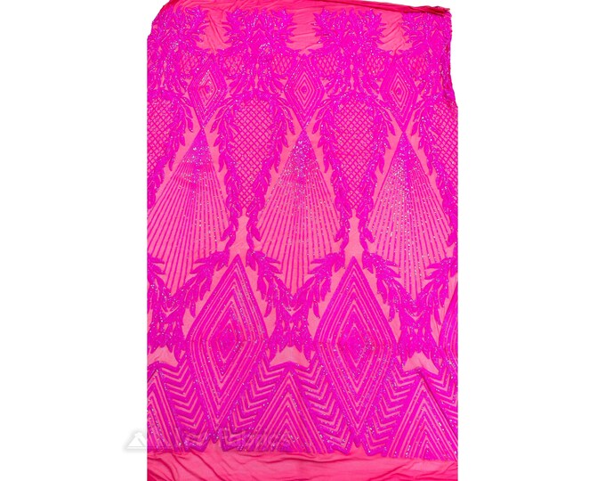 Neon Fuchsia Sequin Fabric Embroidered Lace Fabric By The Yard | Geometric Fabric 4 Way Stretch Spandex Fabric For Dress