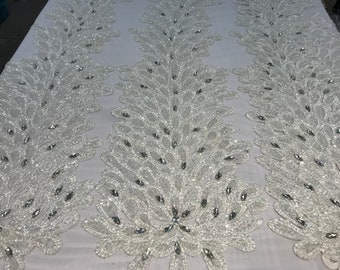 White_ Feathers Peacock 3D Beaded Embroidery Mesh Lace Fabric (Sold By One Panel) Prom Dress, Wedding Dress, Night Gowns.