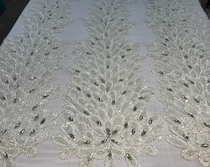 White_ Feathers Peacock 3D Beaded Embroidery Mesh Lace Fabric (Sold By One Panel) Prom Dress, Wedding Dress, Night Gowns.