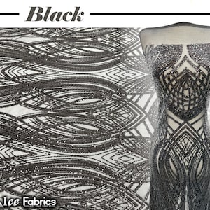 Peacock Black 4 Way Stretch Sequins Fabric By The Yard Black Mesh nylon Spandex Fabric | With Embroidery Sequin Lace Fabric