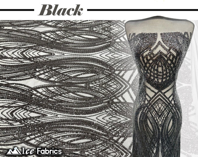 Peacock Black 4 Way Stretch Sequins Fabric By The Yard Black Mesh nylon Spandex Fabric | With Embroidery Sequin Lace Fabric