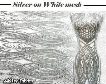 Pfau Silber 4-Wege-Stretch Pailletten-Gewebe Meterware Mesh-nylon Spandex-Gewebe | Mit Stickerei Pailletten-Spitze