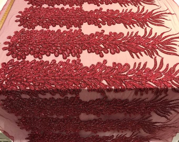 Burgundy_ Feathers Peacock 3D Beaded Embroidery Mesh Lace Fabric (Sold By One Panel) Prom Dress, Wedding Dress, Night Gowns.