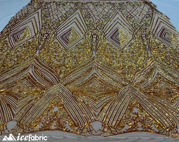 Diamond Iridescent Orange Sequin Fabric By The Yard 54" Width | Diamond Embroidery Design 4 Way Stretch Sequin Fabric | Power Mesh Fabric