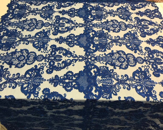 Royal Blue Design Embroidered Mesh Lace Fabric By the Yard For Wedding/Prom Dresses/ Decorations/ Tablecloths/ Runners /Skirts/ Night Gowns