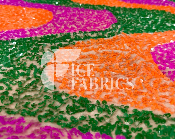 Wavy Sequin Stretch Velvet Fabric by The Yard - 60" Wide Lavender Green Neon Orange on Nude Velvet for Apparel, Costume, Decor