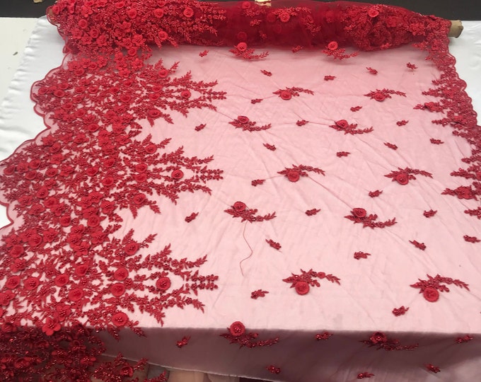 Red- Design Beaded Mesh Lace Fabric Bridal Wedding Sold By Yard clothing, jackets, dresses,skirts, applications, table covers, runners