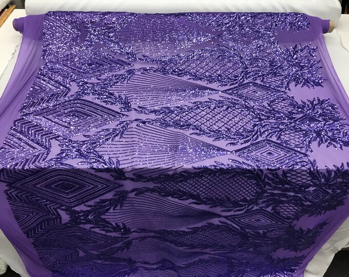 Purple Geometric Design High Quality 4 Way Stretch Sequins Embroidery Mesh Fabric on A Lace By The Yard. Wedding Prom Dress, Tablecloths.