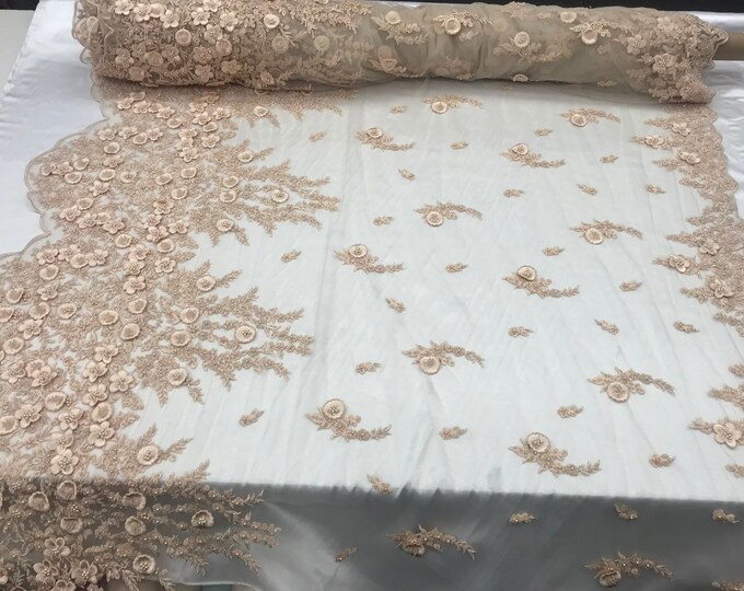 champagne Design Beaded Mesh Lace Fabric Bridal Wedding Sold By Yard clothing, jackets, dresses,skirts, applications, table covers, runners