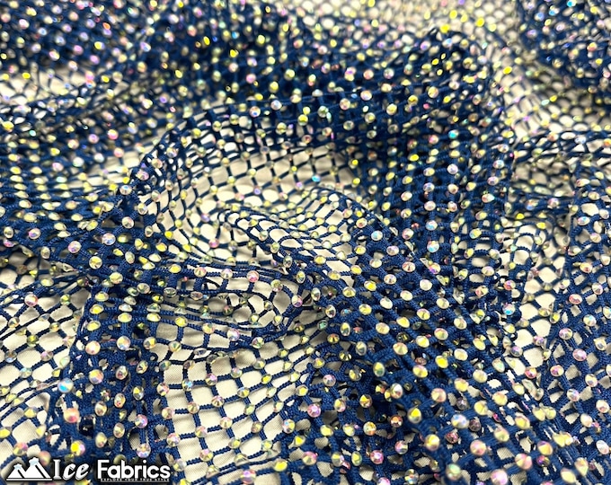 Royal Blue Crystal 4 Way Stretch Beaded Fabric on Fish net Fabric By The Yard | Spandex Lace with Handmade Beads
