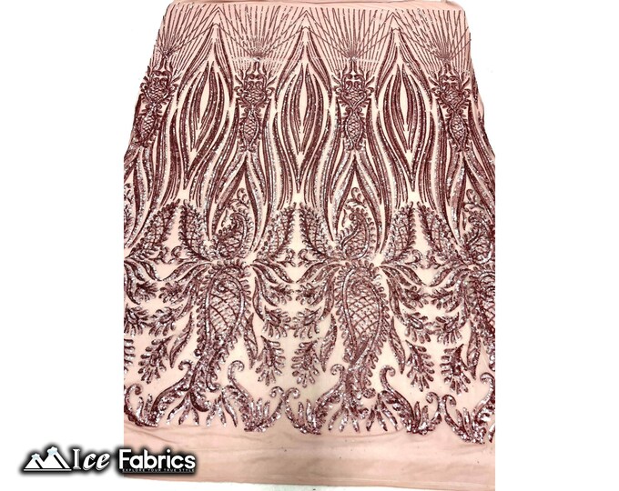 Loyalty Dusty Rose Sequin Fabric By The Yard | Lace Embroidery Fabric | Sequin Lace on 4 Way Stretch Mesh