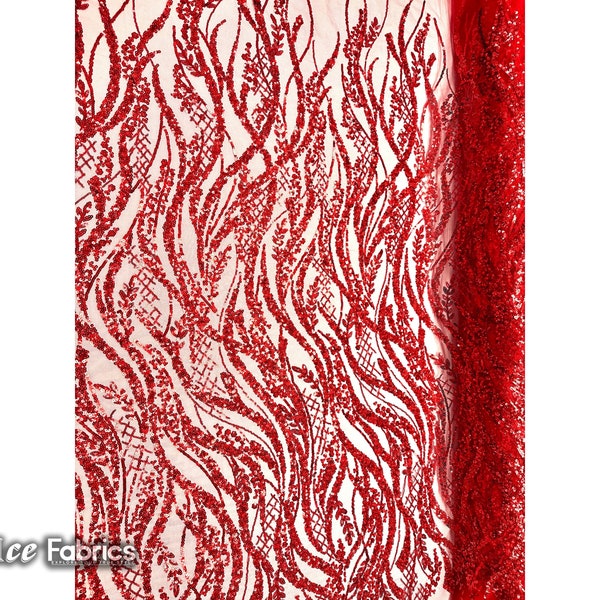 Red Beaded Lace Fabric By The Yard | Embroidered Mesh Sequin Fabric with Beaded Fabric | for wedding Dress, Prom Dress and more