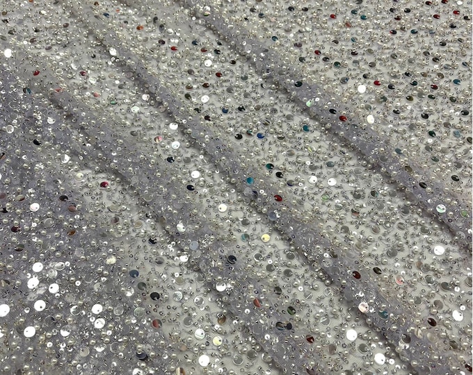 Classic Embroidery Beaded Fabric With Sequin Fabric By The Yard | Silver Sequin on Mesh Fabric |Handmade Lace | All Over Beads on Mesh