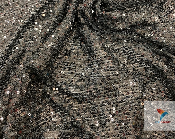 Black_ Elegant French 2 Way Stretch Mesh Sequins Fabric By The Yard//54" Wide Glitz/Knit Sequins// All Over Sequins Horizontal Stretch Mesh/