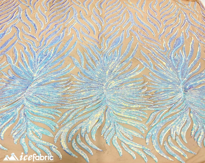Feather 4 Way Stretch Sequin Fabric By The Yard | Iridescent Baby Blue Sequins on Nude Mesh | Feather Embroidered Lace Fabric on Power Mesh
