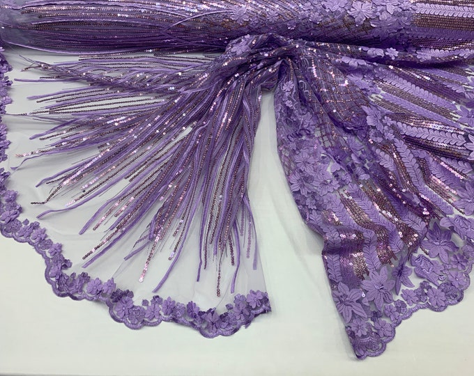 Lavender_ Corded 3D Flowers/Floral Mesh Lace Fabric With Geometric Gold Sequins By The Yard// Embroidery Lace Mesh Dresses, Gowns, Skirts