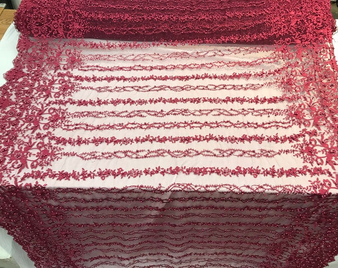 Burgundy Hand Embroidered beaded mesh laces bridal wedding prom dresses decorations night gowns fashion runners customs by the yard