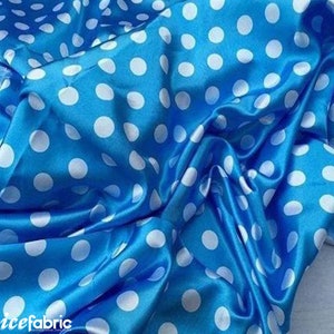 White on Blue 1/2 Inch Silky Polka Dot Satin Fabric By The Yard | 60’’ Wide Silk Charmeuse Satin Fabric with Polka White Dots Print