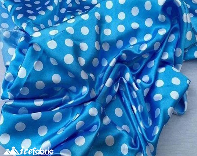 White on Blue 1/2 Inch Silky Polka Dot Satin Fabric By The Yard | 60’’ Wide Silk Charmeuse Satin Fabric with Polka White Dots Print