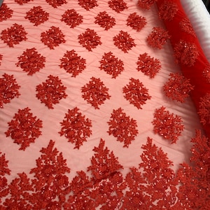RED Lace Fabric By Yard_ Embroidered Corded Metallic Flowers On A Mesh Lace Fabric With Sequins_ Dresses,Gowns,Tablecloths,Costumes,Skirts
