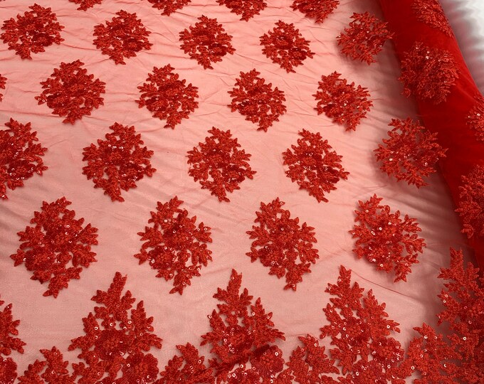 RED Lace Fabric By Yard_ Embroidered Corded Metallic Flowers On A Mesh Lace Fabric With Sequins_ Dresses,Gowns,Tablecloths,Costumes,Skirts