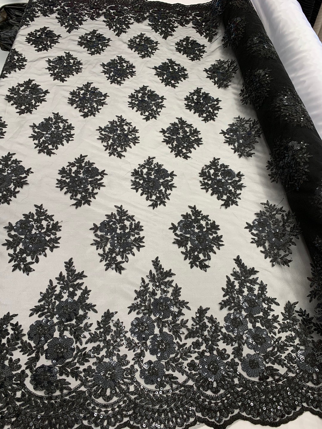 Black_ Floral Lace Fabric by Yard_ Embroidered Corded Metallic - Etsy