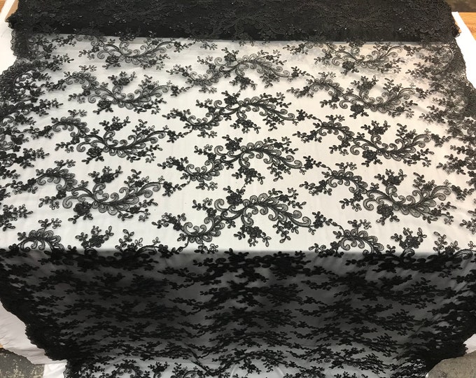 Black Mesh Lace Floral Fabric By The Yard_ Embroidery Handmade Floral Lace_ Decor, Night Gowns, Tablecloths, Runners, Skirts, Costumes